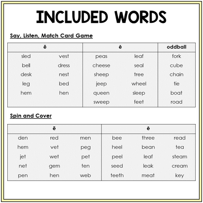 Picture word list for Short E and Long E games, Sort 5
