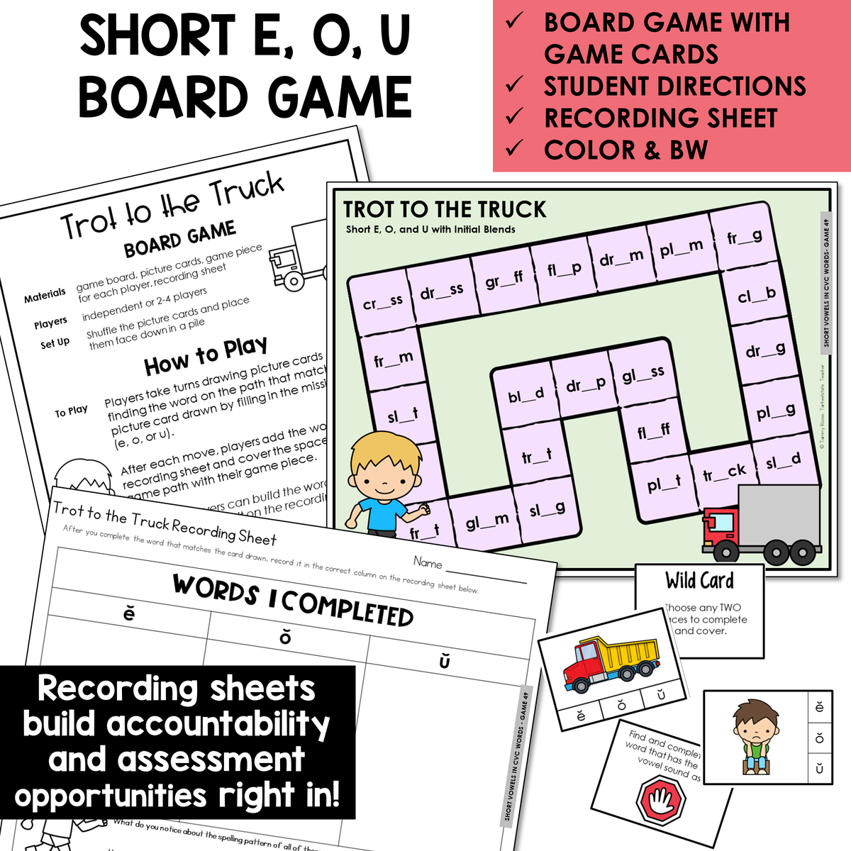 Trot to the Truck board game, game cards, and recording sheet for Short E, O, and U words with initial blends