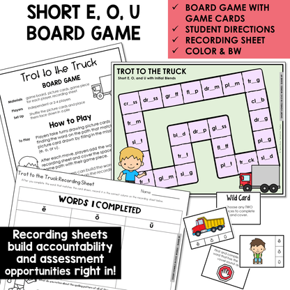 Trot to the Truck board game, game cards, and recording sheet for Short E, O, and U words with initial blends