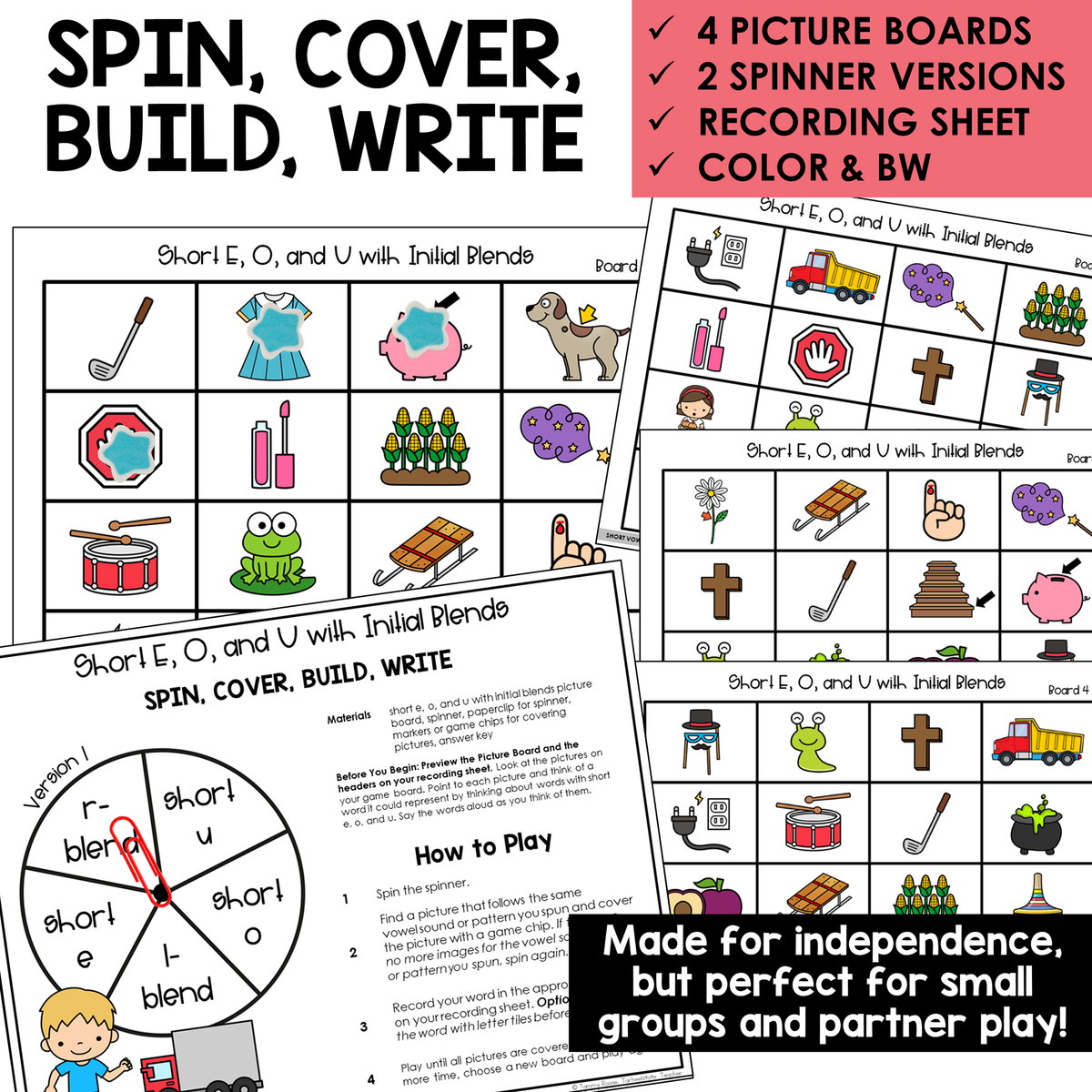 Spin, Cover, Build, Write picture boards and spinners for Short E, O, and U words with initial blends