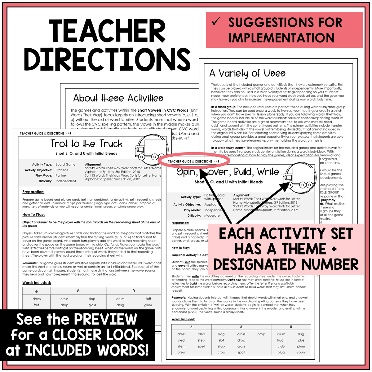 Teacher directions for Short E, O, and U initial blend games
