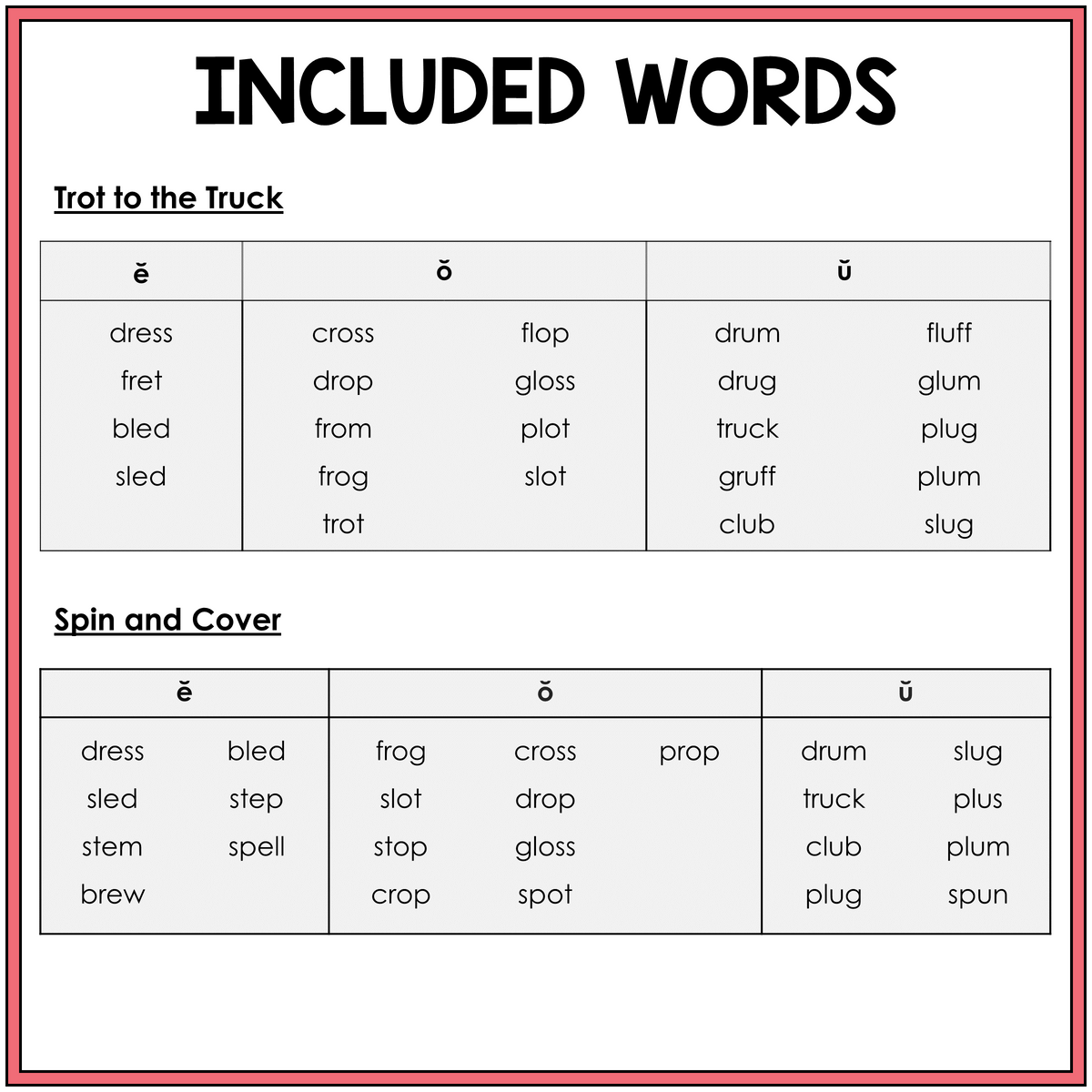 Word list for Short E, O, and U initial blend games, Sort 49