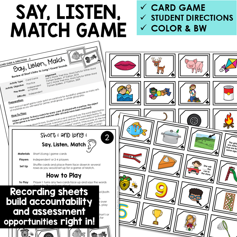 Say, Listen, Match picture card game for Short I and Long I