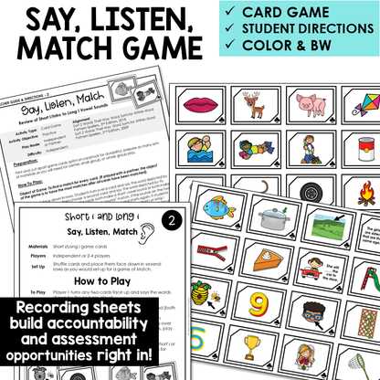 Say, Listen, Match picture card game for Short I and Long I