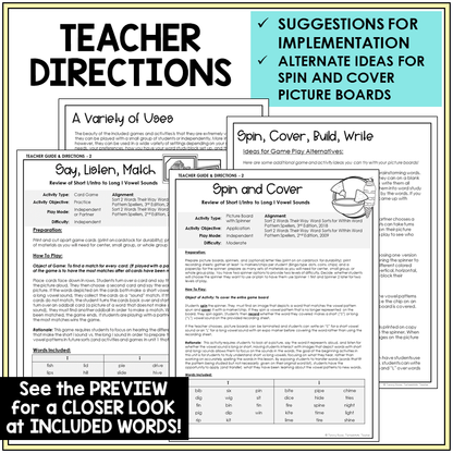 Teacher directions for Short I and Long I games