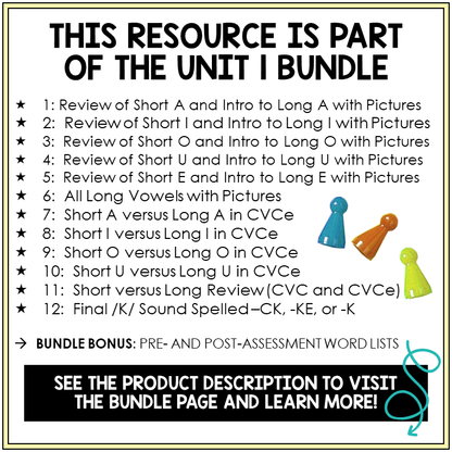Within Word Pattern Unit 1 short and long vowels CVC and CVCe bundle contents