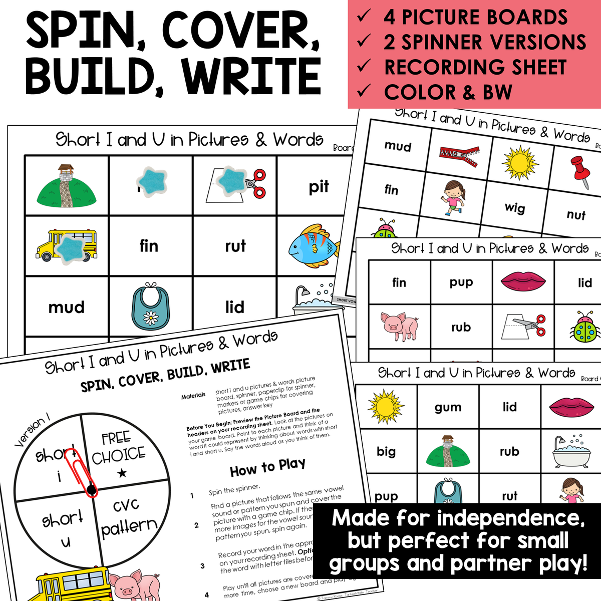 Spin, Cover, Build, Write picture boards and spinners for Short I and Short U CVC words