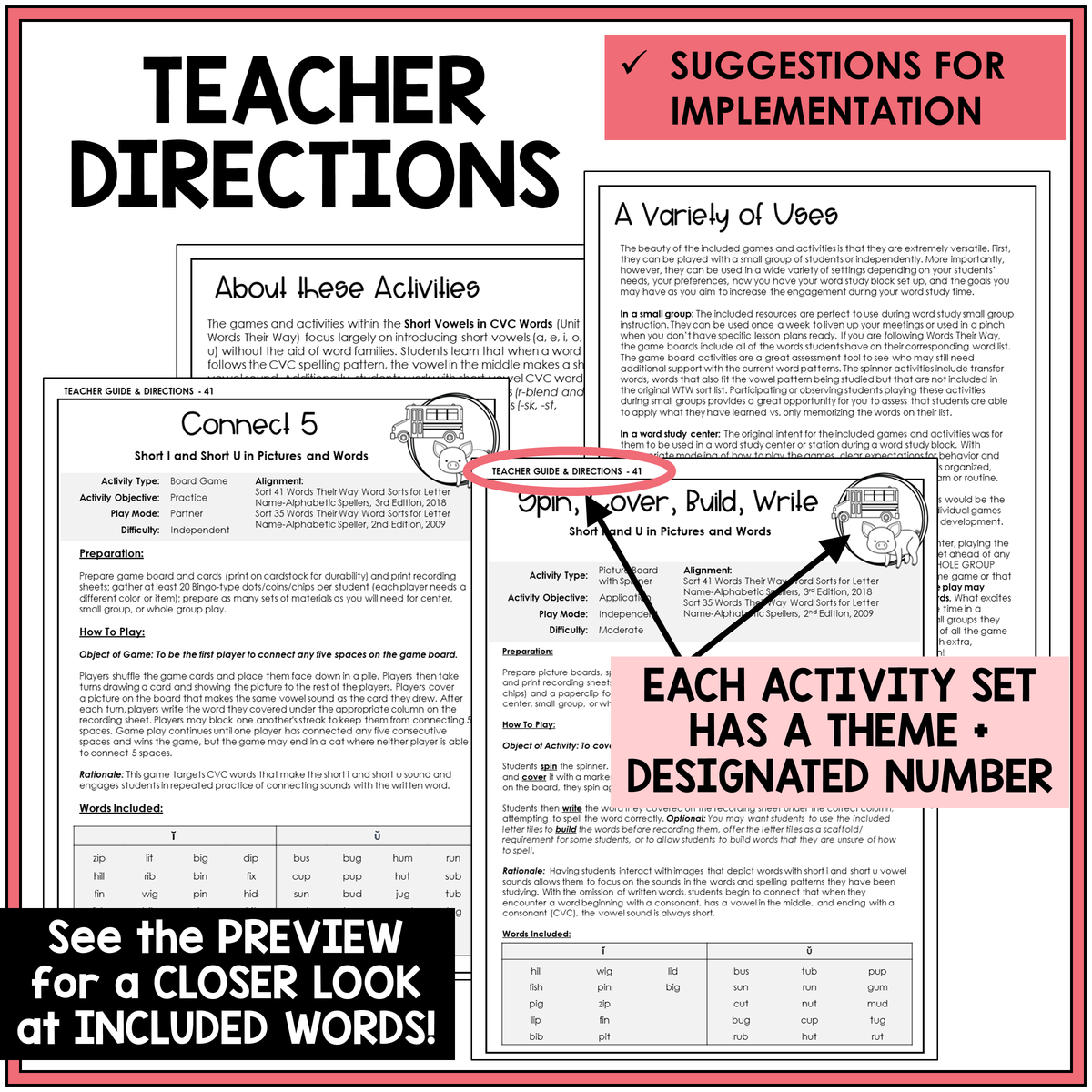 Teacher directions for Short I and Short U CVC word games