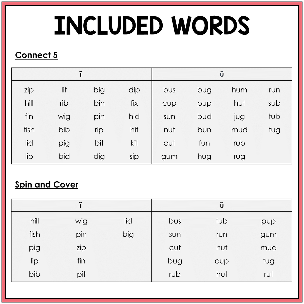 Word list for Short I and Short U CVC word games, Sort 41