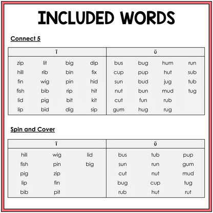 Word list for Short I and Short U CVC word games, Sort 41