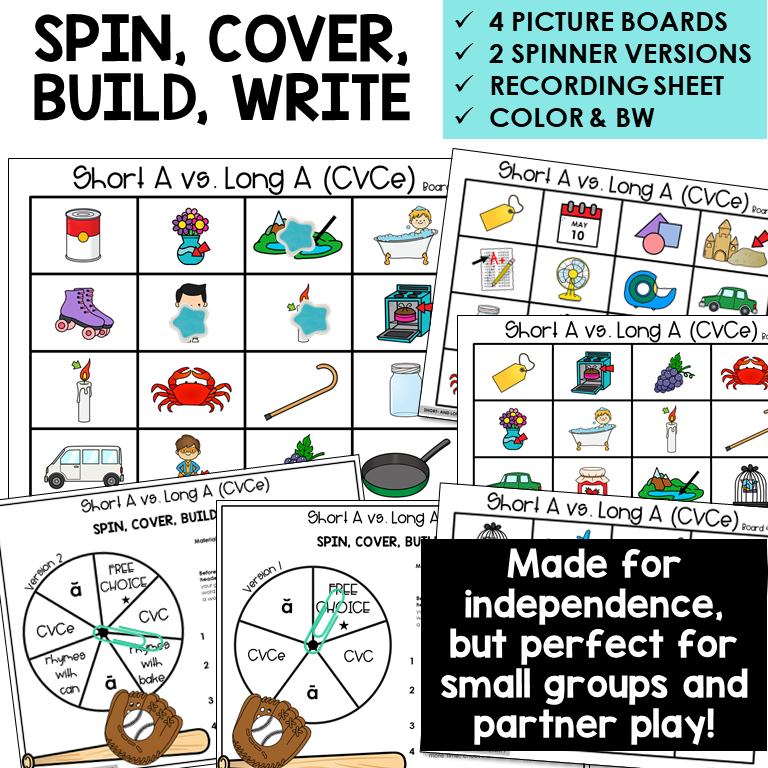 Spin, Cover, Build, Write picture boards for Short A and Long A