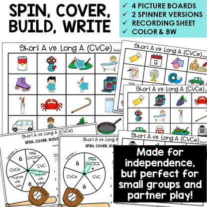 Spin, Cover, Build, Write picture boards for Short A and Long A