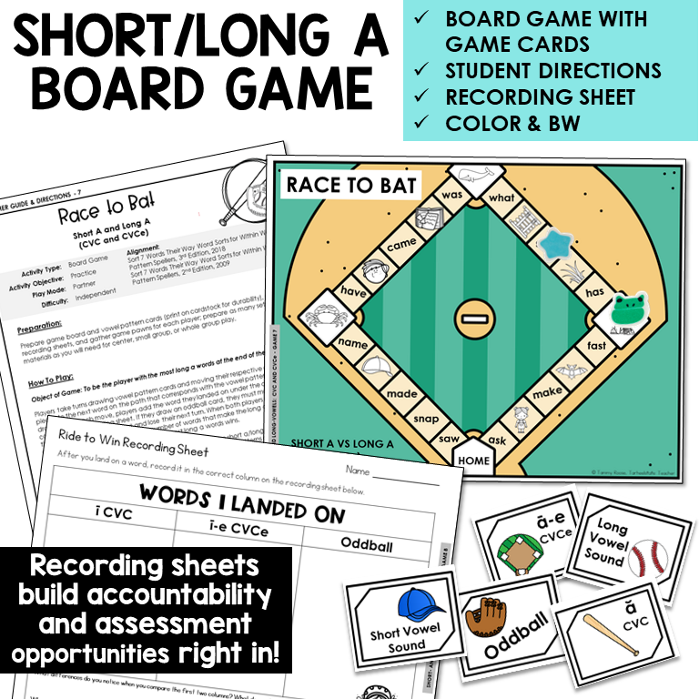 Race to Bat board game with word cards and recording sheet