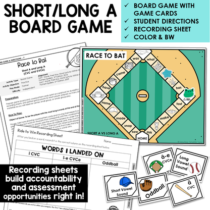 Race to Bat board game with word cards and recording sheet