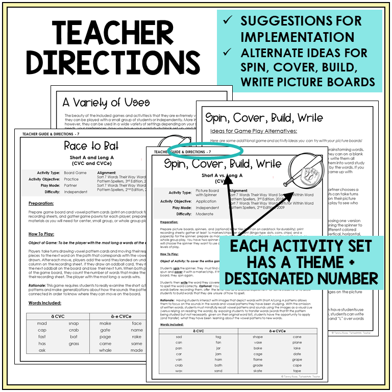 Teacher directions and ideas for Spin, Cover, Build, Write