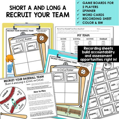 Recruit Your Baseball Team board game with spinner and recording sheet