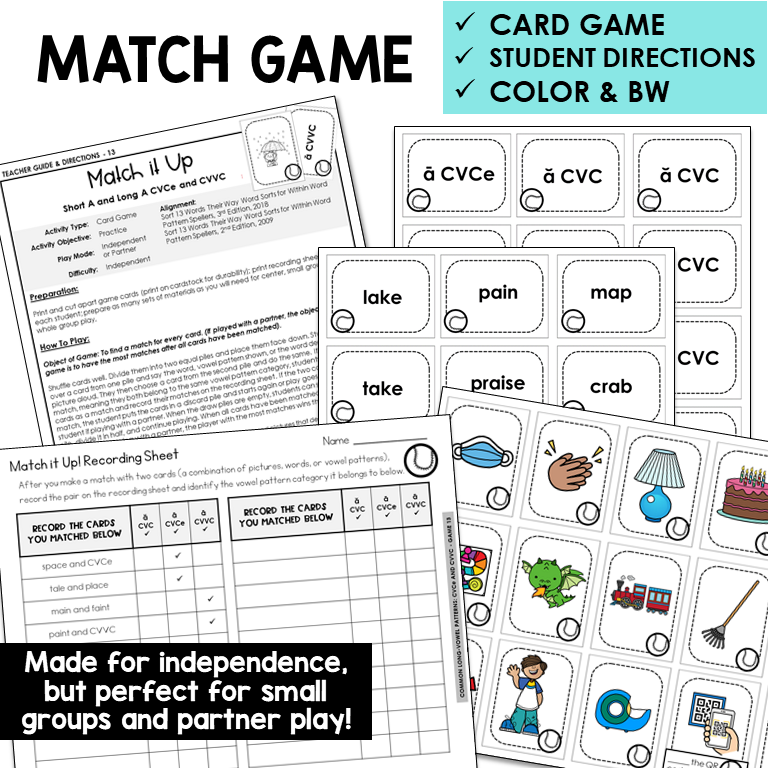 Match It Up card game for Short A and Long A