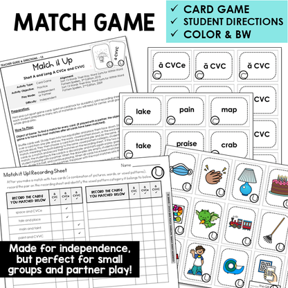 Match It Up card game for Short A and Long A