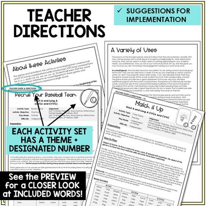 Teacher directions for Short A and Long A games