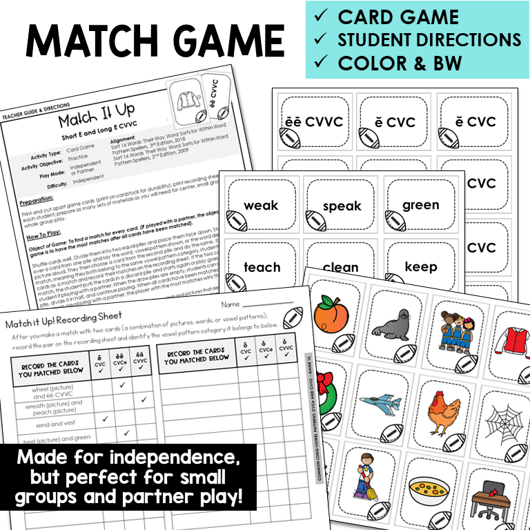 Match It Up card game for Short E and Long E