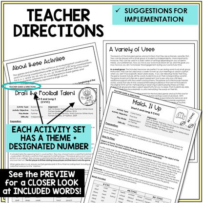 Teacher directions for Short E and Long E games