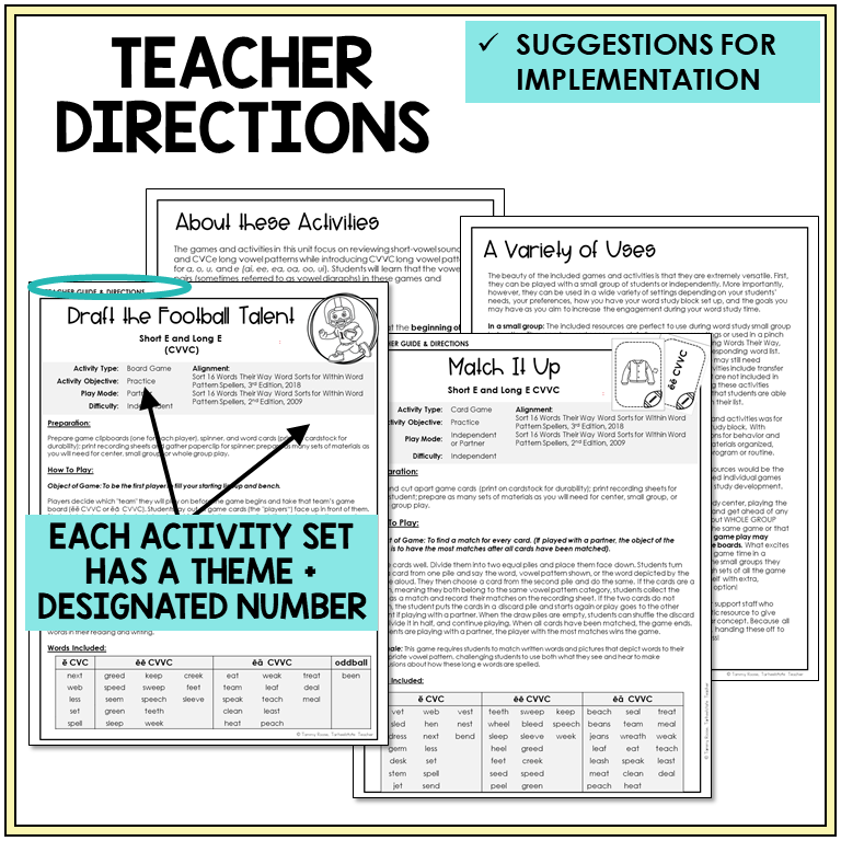 Teacher directions and suggestions for implementation, Short E and Long E