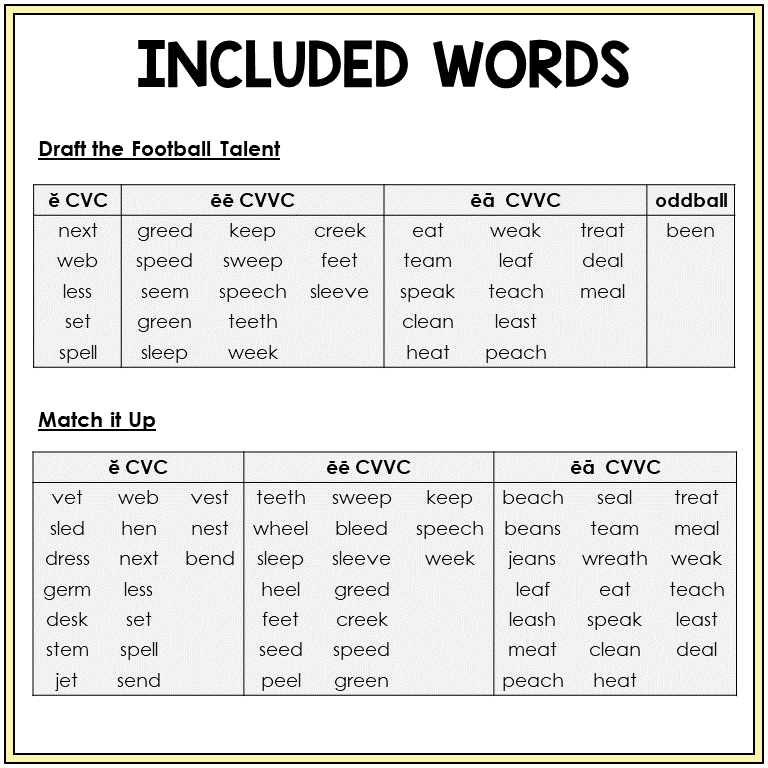 Word list for Short E and Long E games