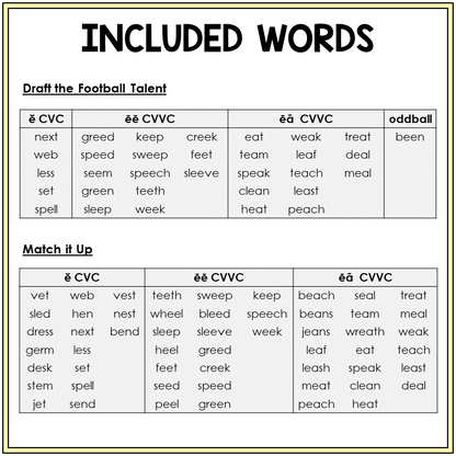 Word list for Short E and Long E games
