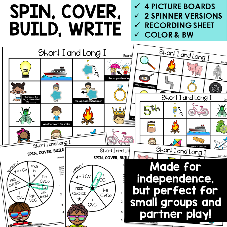 Spin, Cover, Build, Write picture boards for Short I and Long I