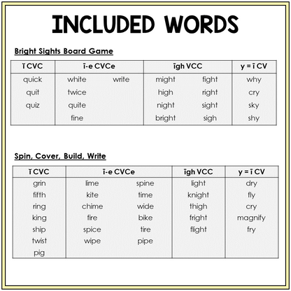 Word list for Short I and Long I games, Sort 22