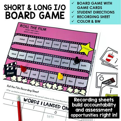 Roll the Film board game with word cards and recording sheet