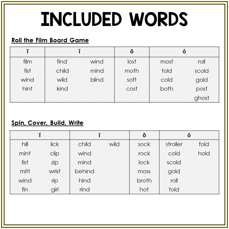 Word list for Short and Long I and O games, Sort 23