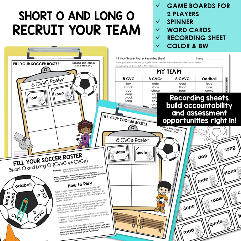 Fill Your Soccer Roster board game with spinner and recording sheet