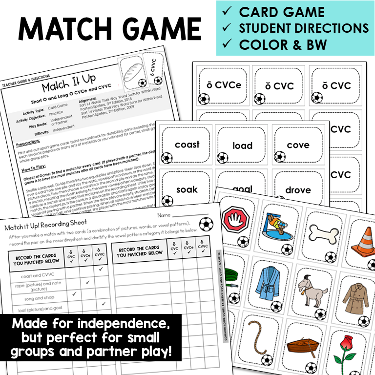 Match It Up card game for Short O and Long O