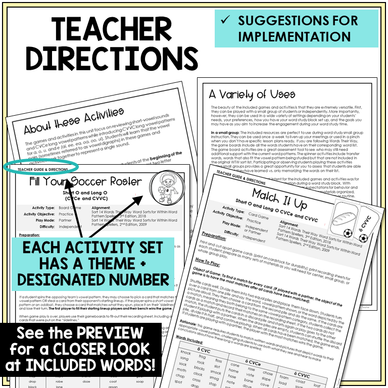 Teacher directions for Short O and Long O games
