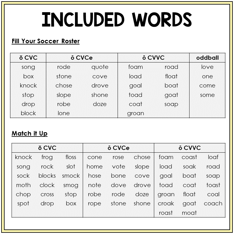 Word list for Short O and Long O games