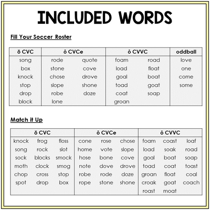Word list for Short O and Long O games