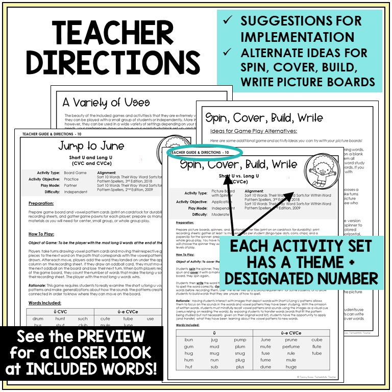 Teacher directions for Short U and Long U games