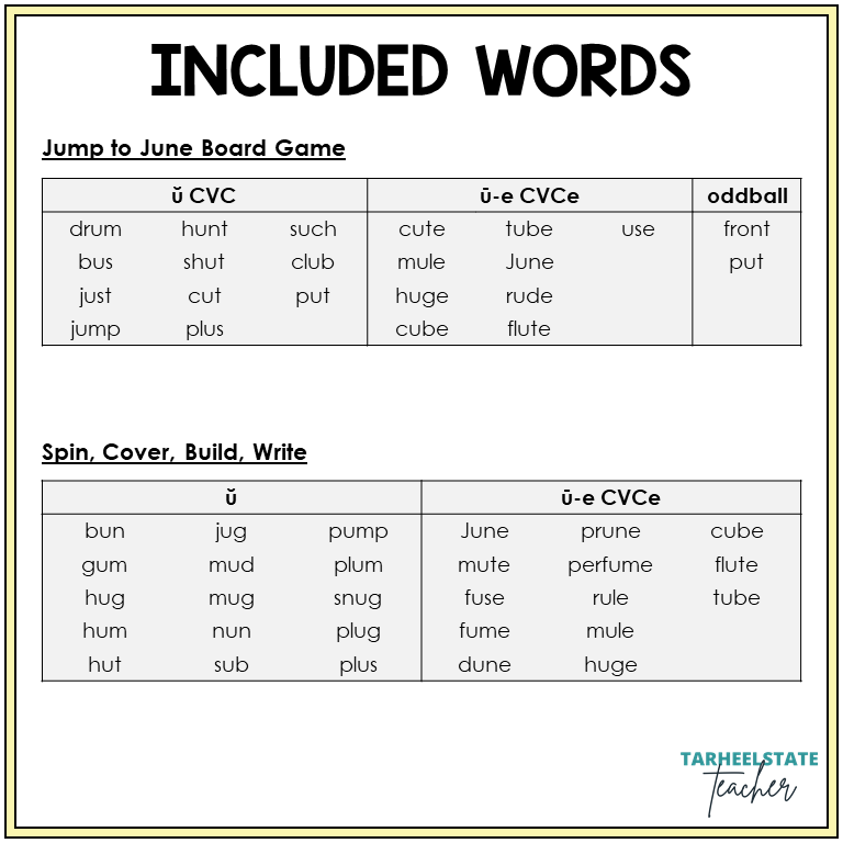 Word list for Short U and Long U games, Sort 10