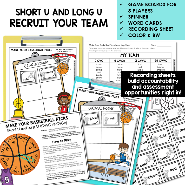Make Your Basketball Picks board game with spinner and recording sheet