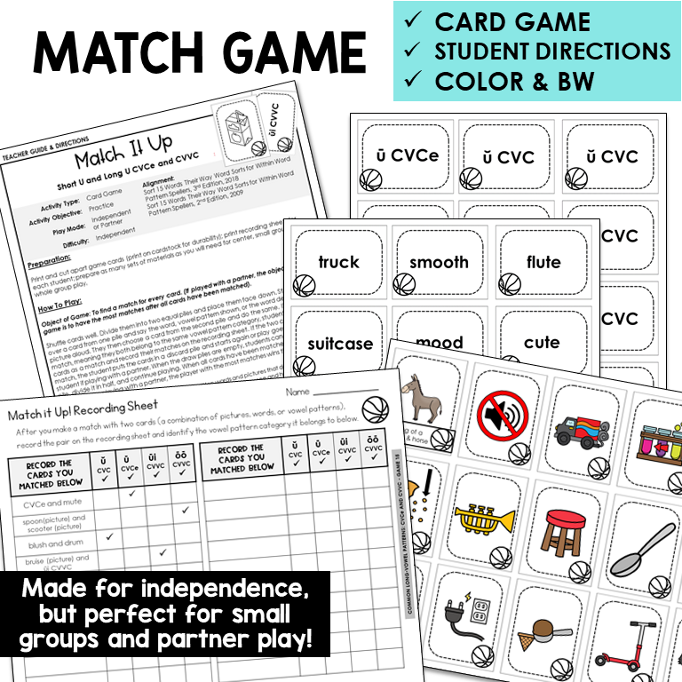 Match It Up card game for Short U and Long U