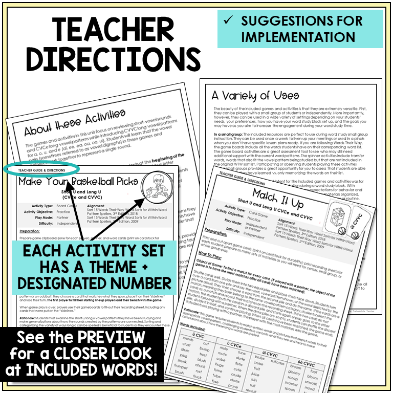 Teacher directions for Short U and Long U games