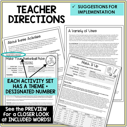Teacher directions for Short U and Long U games