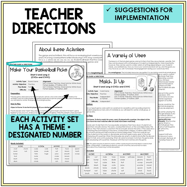 Teacher directions and suggestions for implementation, Short U and Long U