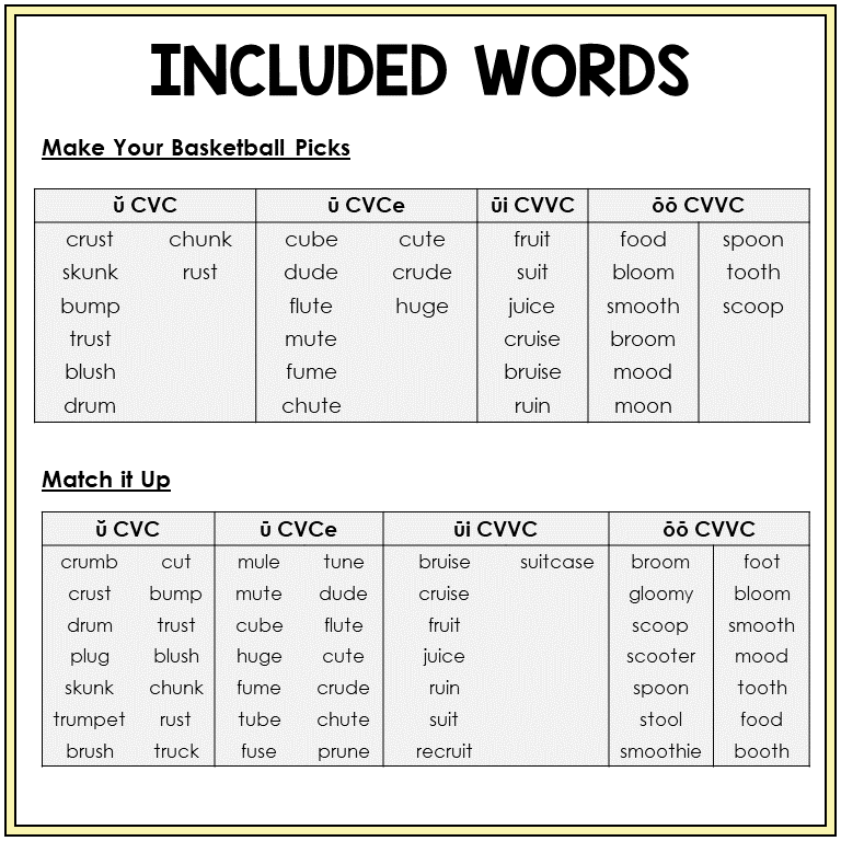 Word list for Short U and Long U games