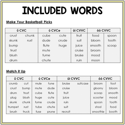 Word list for Short U and Long U games