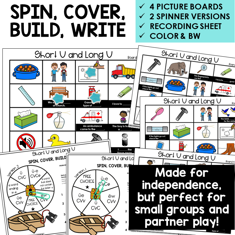 Spin, Cover, Build, Write picture boards for Short U and Long U