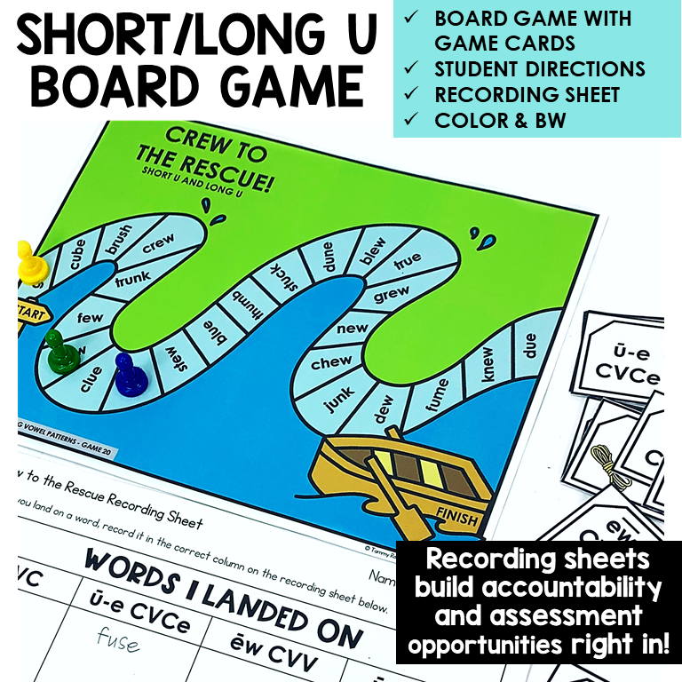 Crew to the Rescue board game with word cards and recording sheet