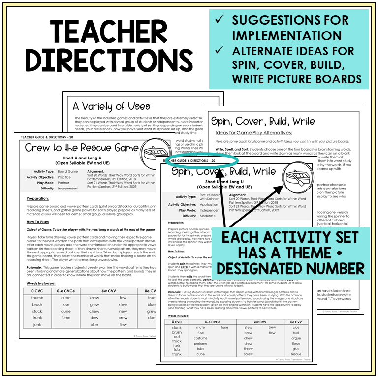 Teacher directions for Short U and Long U games