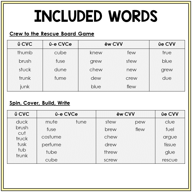 Word list for Short U and Long U games, Sort 20